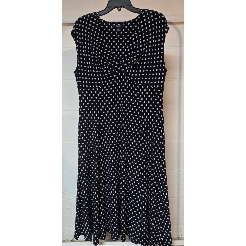 Chaps Womens XL Navy Blue White Polka Dot V-Neck Sleeveless A-Line Midi Dress